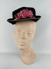 Load image into Gallery viewer, Original Late 1930's or Early 1940's Pink and Black Straw Topper Hat with Floral Trim