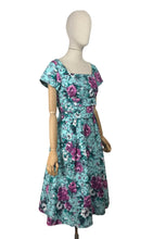 Load image into Gallery viewer, Original 1950's Marldena Model Blue Cotton Day Dress with Pink, Black, Teal and Black Floral Print and Hip Swag - Bust 35 *