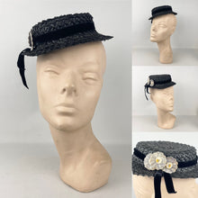 Load image into Gallery viewer, Original 1940’s Black Straw Tilt Topper Hat with Pretty Floral Trim