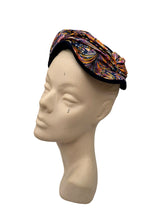 Load image into Gallery viewer, Original 1950's Midnight Blue Vevlet Hat with Bright Jersey Trim in Pink, Yellow, White and Purple
