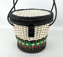 Load image into Gallery viewer, Original 1950's Small Wicker Handbag in White, Black, Green and Red