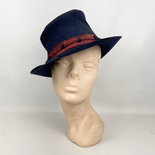 Load image into Gallery viewer, Original 1930’s 1940’s Blue Felt Tilt Fedora Hat with Pretty Rust Suede Trim *