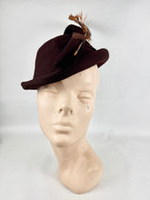 Load image into Gallery viewer, Original 1940's Warn Brown Felt Hat by Jacoll with Large Bow Trim and Chestnut Brown Feather