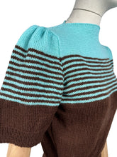 Load image into Gallery viewer, Reproduction 1940's Striped Jumper in Carob Brown and Turquoise Blue Pure Wool with Full Puff Sleeves - Bust 36 38