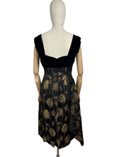 Load image into Gallery viewer, Original 1950's Elizabeth Henry of London Black and Metallic Gold Wiggle Cocktail Dress with Back Drapes - Bust 36