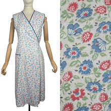 Load image into Gallery viewer, Original 1940's Floral Wraparound Apron in White, Red, Blue and Green - Pretty Pinny - Bust 32 34 36