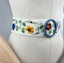 Load image into Gallery viewer, Original 1930's Embroidered Cream Linen Belt with Blue Buckle - Silk Flowers in Red, Purple, Mustard, Blue and Orange