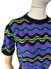 Load image into Gallery viewer, Reproduction 1940’s Hand Knitted Feather and Fan Striped Jumper in Black, Purple, Teal and Neon Green - Bust 36 38 40 *