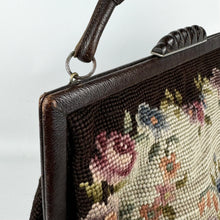 Load image into Gallery viewer, Original 1930’s 1940’s Large Wool Work Embroidered Bag with Leather Handle - Beautiful Vintage Handbag
