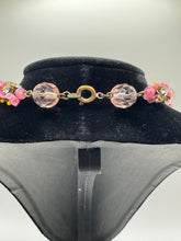 Load image into Gallery viewer, Original 1930's Art Deco Pressed Glass Flower Necklace in Pink and Yellow with Clear Paste