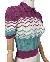 Load image into Gallery viewer, Reproduction 1940’s Hand Knitted Chevron Stripe Jumper in Sea Foam, Mauve and White - Bust 32 34 *