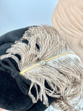 Load image into Gallery viewer, Original 1950’s Black Felt Hat with Large Ostrich Feather and Paste Trim by Wilmine *