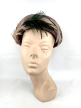 Load image into Gallery viewer, Original 1950's Brown Felt Hat with Pink and Green Feather Trim