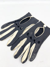 Load image into Gallery viewer, Original 1960's Midnight Blue and Cream Kid Leather Driving Gloves with Popper Fastening *