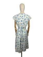 Load image into Gallery viewer, Original 1940's White and Blue Floral Cotton Button Back Belted Day Dress with Ruffle Trim - Bust 38