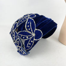 Load image into Gallery viewer, Exceptionally Beautiful Original 1950's Cobalt Blue Velvet Cocktail Hat with Silver Glitter Edged Flowers *