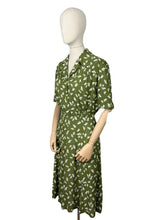 Load image into Gallery viewer, Original 1940's Green and Ivory Feather and Bow Novelty Print Dress - Bust 40