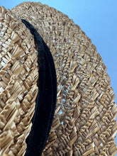 Load image into Gallery viewer, Wounded but Wearable Original 1940's 1950's Natural Straw Sunhat with Soft Black Velvet Ribbon Trim