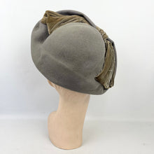 Load image into Gallery viewer, Original 1930's Dove Grey Side Tilt Hat with Large Oversized Velvet Bow Trim *