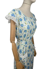 Load image into Gallery viewer, Original 1940's White and Blue Floral Cotton Button Back Belted Day Dress with Ruffle Trim - Bust 38