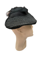 Load image into Gallery viewer, Original 1940's Black Straw Hat with Net Ruffle Trim and Grosgrain Band