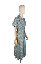 Load image into Gallery viewer, Original 1950's Australian Made Bright Floral Stripe Cotton Belted Day Dress in Green, Blue, Pink, Black and White - Bust 38 40 *