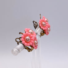 Load image into Gallery viewer, Original 1950's Pink Plastic Floral Earrings with Faux Pearl Middles