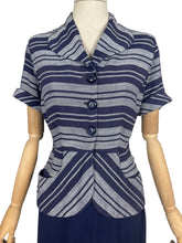 Load image into Gallery viewer, Original 1940's Navy Blue and Grey Linen Stripe Day Dress - Bust 36