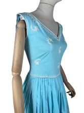 Load image into Gallery viewer, Original 1950's Turquoise Blue Cotton Dress with White Soutache by Carnegie - Bust 32 33 *