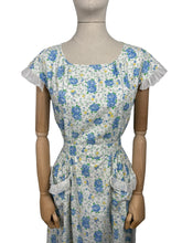 Load image into Gallery viewer, Original 1940's White and Blue Floral Cotton Button Back Belted Day Dress with Ruffle Trim - Bust 38