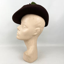 Load image into Gallery viewer, Original 1930's 1940's Dark Brown Felt Fedora Hat with Grosgrain Trim in Green and Brown with Fine Net