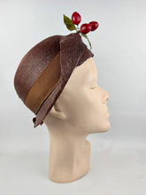 Load image into Gallery viewer, Original 1920's Brown Lacquered Straw Cloche with Upturned Brim and Cherry Trim *