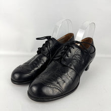 Load image into Gallery viewer, Original 1930's 1940's Inky Black Leather Lace Up Shoes with Punch Detail - UK 6 or 6.5