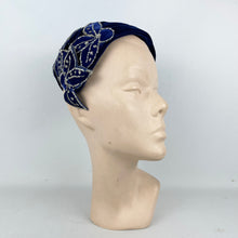 Load image into Gallery viewer, Exceptionally Beautiful Original 1950's Cobalt Blue Velvet Cocktail Hat with Silver Glitter Edged Flowers *