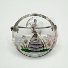 Load image into Gallery viewer, Original 1940's Circular Reverse Carved Lucite Brooch with Crinoline Lady and Flowers
