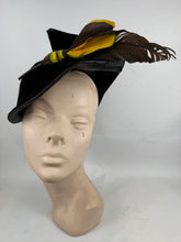 Load image into Gallery viewer, Original 1930's Black Straw Hat with Velvet and Feather Trim by Woods of Colwyn Bay *