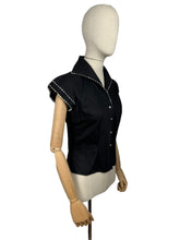 Load image into Gallery viewer, Original 1940's 1950's Black Short Sleeved Blouse with White Ric-rac Trim and Faux Pearl Buttons - Bust 34 36 *