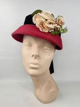 Load image into Gallery viewer, Original 1950's Cherry Red Straw hat with Wide Black Velvet Trim and Cream and White Floral Trim