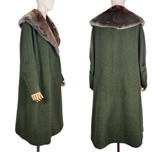 Load image into Gallery viewer, Original 1950's Volup Rensor Green Herringbone Wool Coat with Huge Faux Fur Collar - Bust 42 44