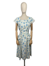 Load image into Gallery viewer, Original 1940's White and Blue Floral Cotton Button Back Belted Day Dress with Ruffle Trim - Bust 38