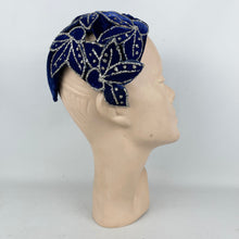 Load image into Gallery viewer, Exceptionally Beautiful Original 1950's Cobalt Blue Velvet Cocktail Hat with Silver Glitter Edged Flowers *