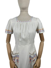Load image into Gallery viewer, Original 1930's White Linen Day Dress with Pretty Embroidery in Red, Blue, Yellow and Brown - Bust 32 33 *