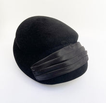 Load image into Gallery viewer, Original 1950's Inky Black Felt Hat with Pleated Satin Trim - Classic Mid Century Piece