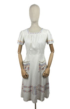 Load image into Gallery viewer, Original 1930's White Linen Day Dress with Pretty Embroidery in Red, Blue, Yellow and Brown - Bust 32 33 *