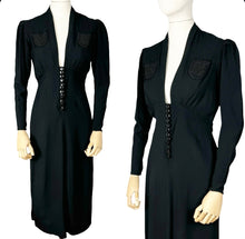 Load image into Gallery viewer, Original 1930's Long Sleeved Black Crepe Day Dress with Soutache Detail and Back Belt - Bust 34 *