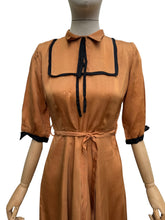 Load image into Gallery viewer, Original 1950's Caramel Coloured Grosgrain Belted Dress with Black Accent Trim - Bust 34 35