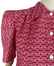 Load image into Gallery viewer, 1940's Reproduction Blouse in Red and White Hearts, Flowers and Stripe Novelty Print - Bust Pink, Blue, Yellow and White Feed Sack - Bust 35 36 37
