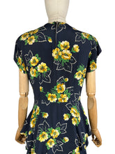 Load image into Gallery viewer, Original 1940's Navy Day Dress with Double Peplum and Floral Print in Green and Yellow - Bust 34 35