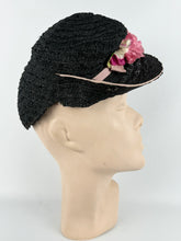Load image into Gallery viewer, Original Late 1930's or Early 1940's Pink and Black Straw Topper Hat with Floral Trim