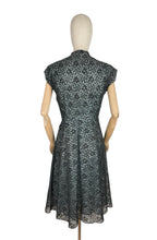 Load image into Gallery viewer, Original 1950's Ice Blue and Black Lace Cocktail Dress with Velvet Ribbon Trim - Bust 36 *